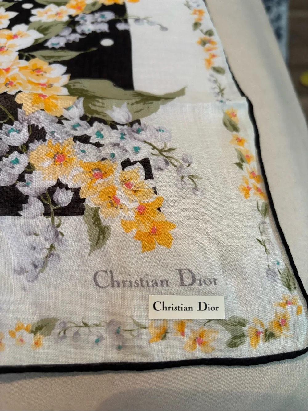 Authentic Vintage Christian Dior Square Floral Polka Dot Scarf - COA Included
